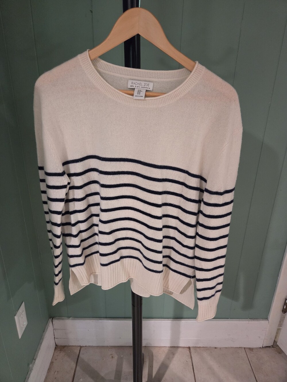 Cashmere Cream Sweater with Black Stripes, Medium, Rachel Zoe